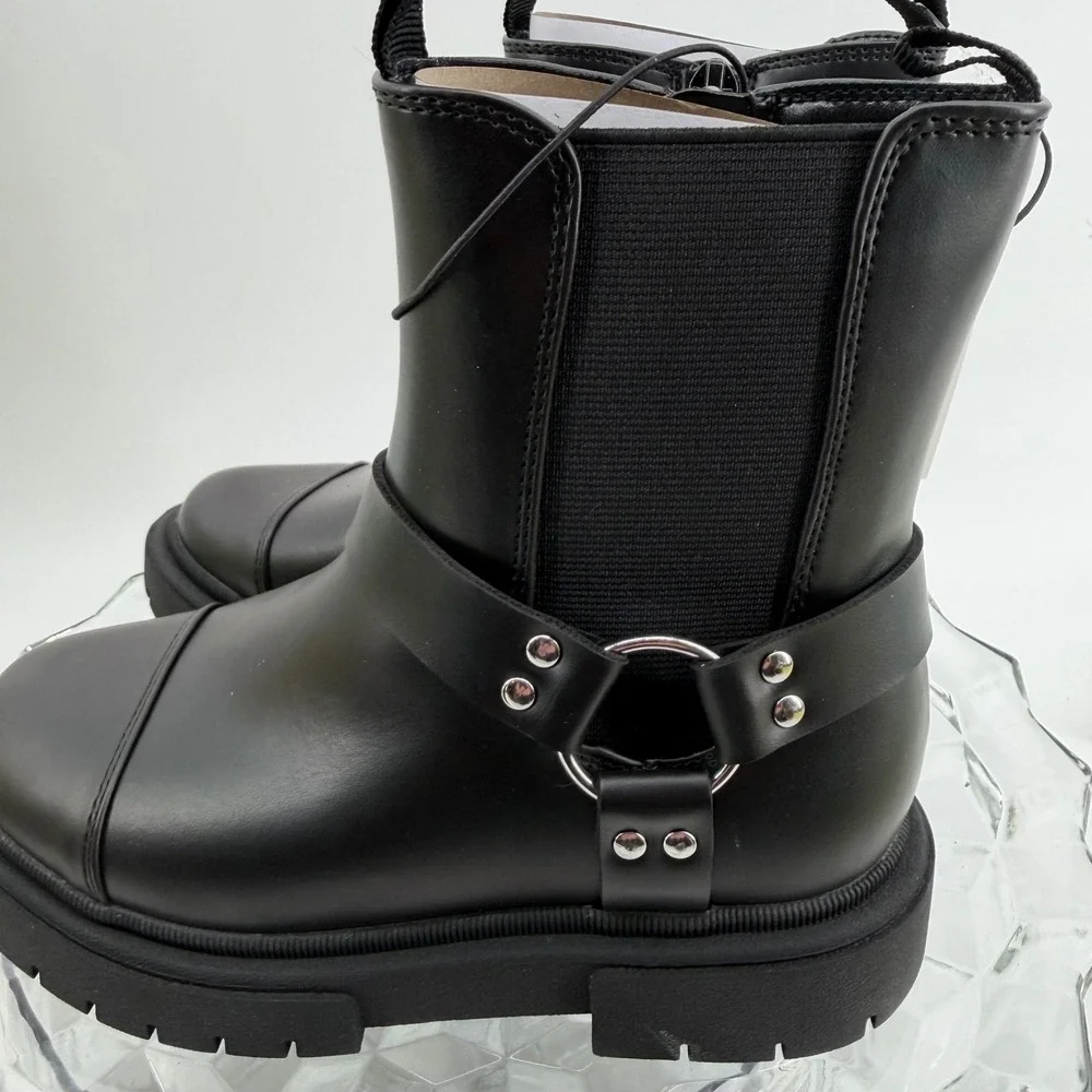 Art Class Crosby Boots Kids Size 13 Black Harness Lug Sole Zip Up Moto Biker New